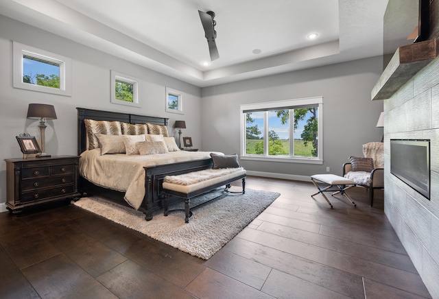 bedroom featuring a raised ceiling and dark hardwood / wood-style flooring