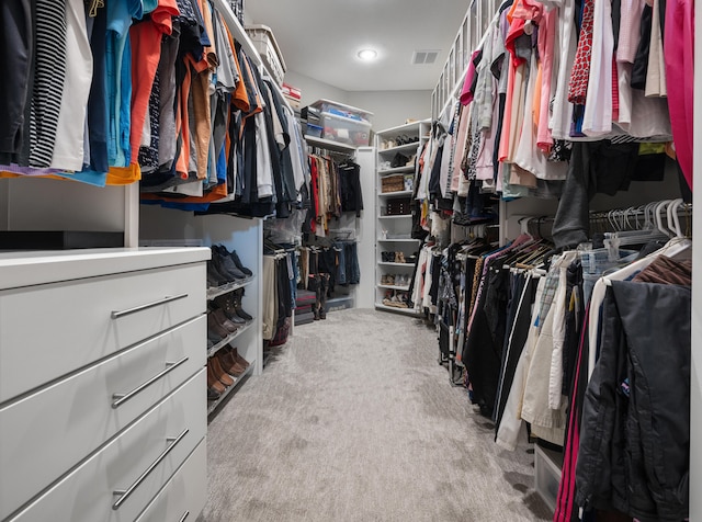 walk in closet featuring light carpet