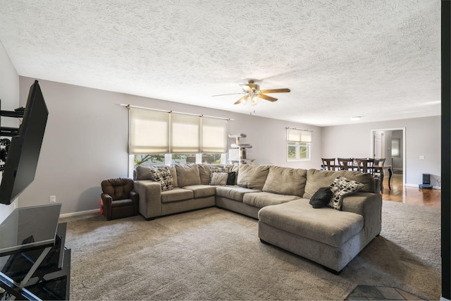 living room featuring hardwood / wood-style floors, a textured ceiling, and ceiling fan