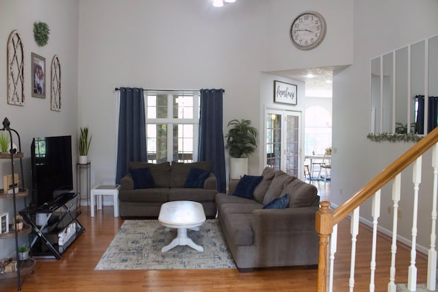 living room with a high ceiling and hardwood / wood-style flooring