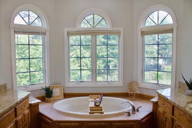 full bath featuring a healthy amount of sunlight, a garden tub, and vanity