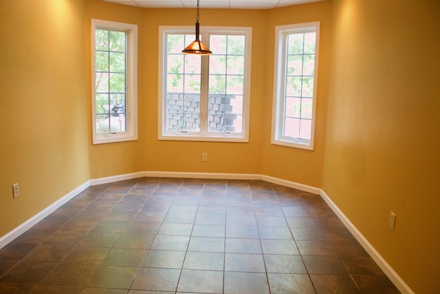 unfurnished dining area with dark tile patterned flooring, baseboards, and a wealth of natural light