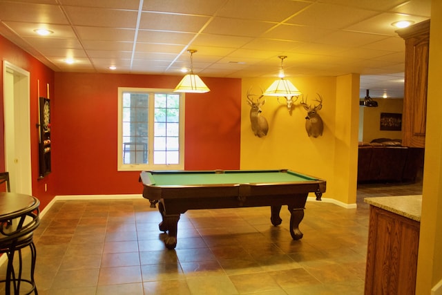 rec room with tile patterned floors, baseboards, and billiards