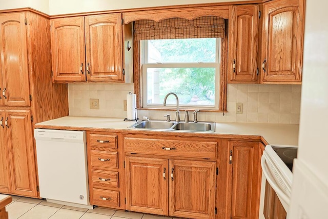 kitchen featuring backsplash, a sink, white appliances, and light countertops