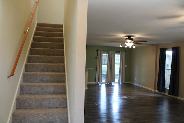 staircase with ceiling fan and hardwood / wood-style floors