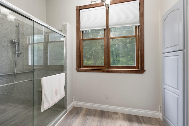 bathroom featuring an enclosed shower and hardwood / wood-style flooring