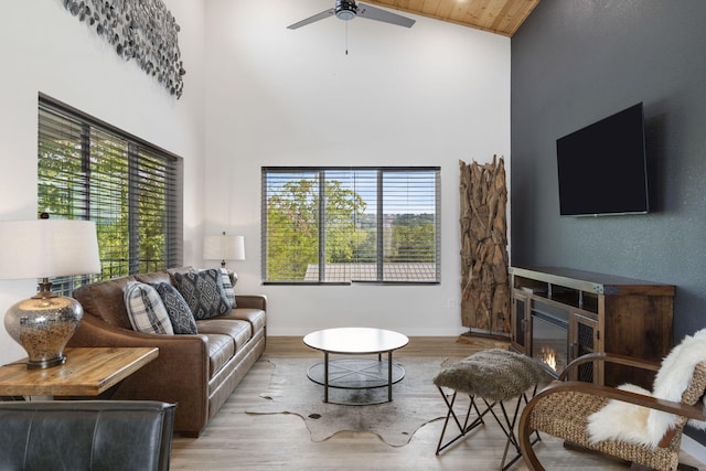 living room featuring light wood-style floors, plenty of natural light, high vaulted ceiling, and a glass covered fireplace