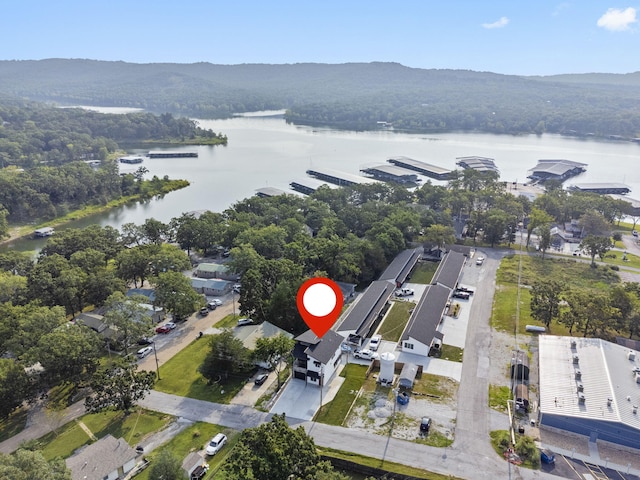 drone / aerial view with a water and mountain view