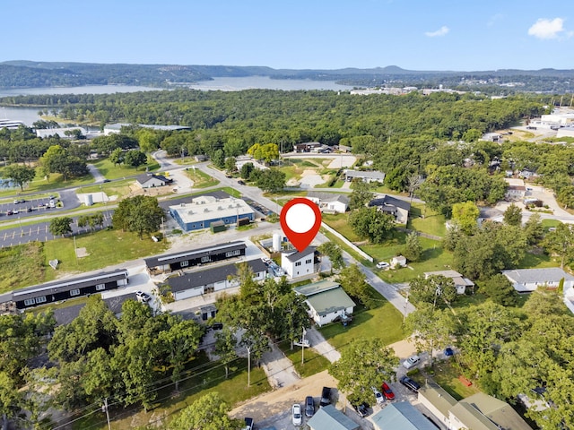 birds eye view of property with a water view and a forest view