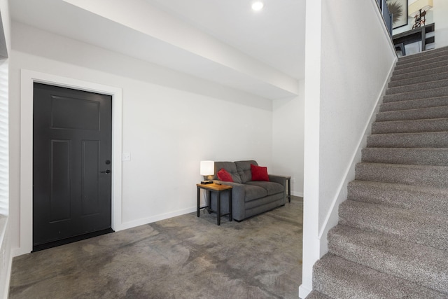 stairs with recessed lighting, carpet, and baseboards