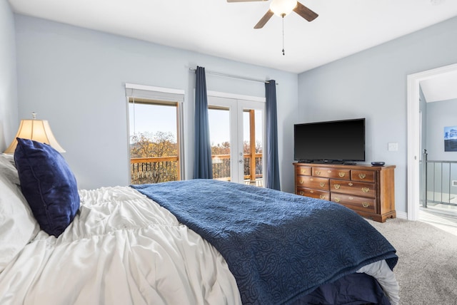 bedroom featuring access to outside, ceiling fan, french doors, and carpet