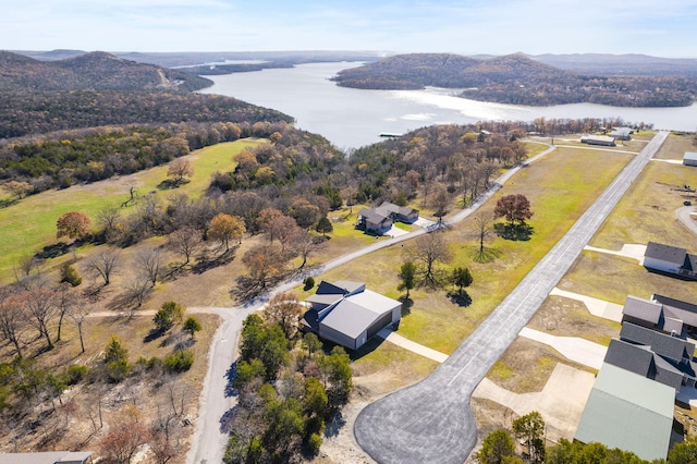 drone / aerial view featuring a water and mountain view