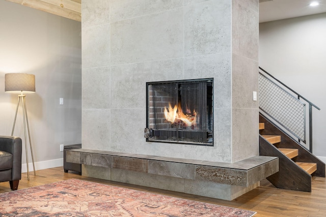 details featuring a tile fireplace and wood-type flooring