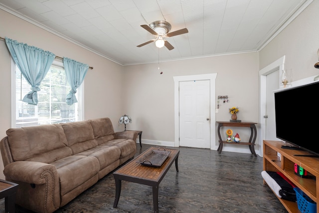 living room featuring crown molding, ceiling fan, and dark hardwood / wood-style floors