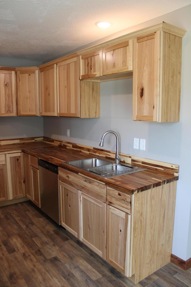 430 Park St, Taneyville, MO 65759 - kitchen featuring dishwasher, light brown cabinets, butcher block counters, a sink, and dark wood finished floors