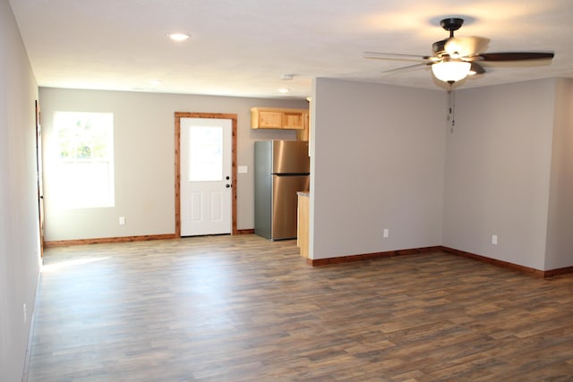 430 Park St, Taneyville, MO 65759 - unfurnished living room with dark wood finished floors, baseboards, a ceiling fan, and recessed lighting