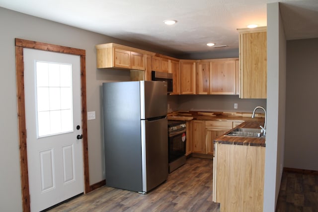 430 Park St, Taneyville, MO 65759 - kitchen with appliances with stainless steel finishes, a sink, light brown cabinets, dark countertops, and dark wood-style flooring