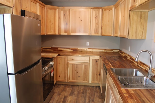 430 Park St, Taneyville, MO 65759 - kitchen with stainless steel appliances, butcher block counters, light brown cabinets, and a sink