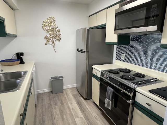 kitchen featuring light hardwood / wood-style flooring, sink, backsplash, white cabinets, and appliances with stainless steel finishes