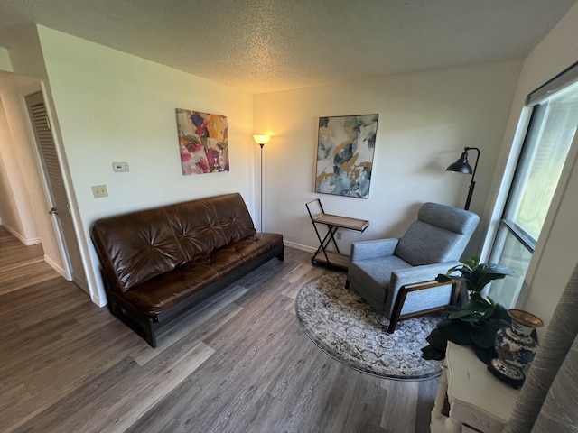 living room featuring wood-type flooring and a textured ceiling