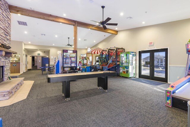 835 Fairview Unit 4, Branson, MO 65616 - game room featuring lofted ceiling with beams, visible vents, recessed lighting, a ceiling fan, and carpet floors