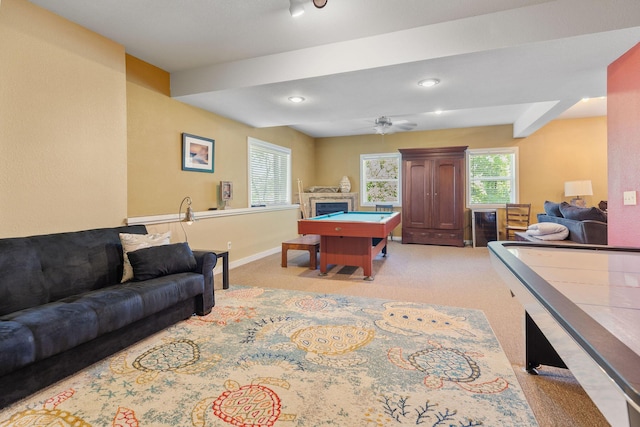 89 Turkey Trl, Blue Eye, MO 65611 - game room with recessed lighting, a ceiling fan, light carpet, baseboards, and a fireplace