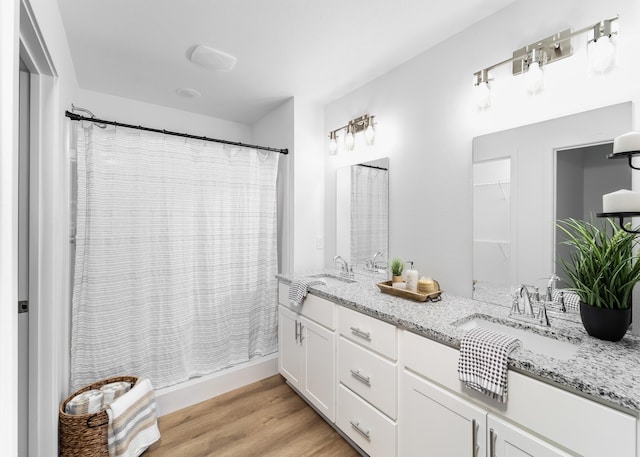 bathroom featuring walk in shower, hardwood / wood-style flooring, and vanity