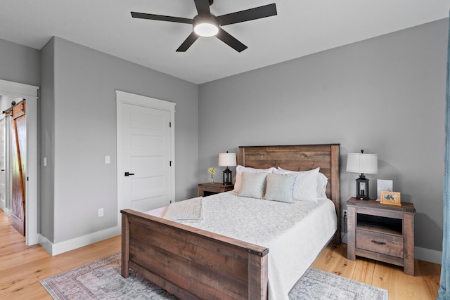 bedroom with ceiling fan and light wood-type flooring