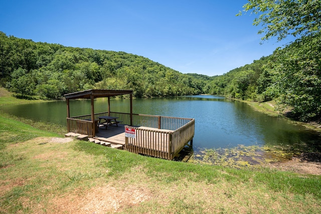 dock area featuring a yard, a forest view, and a water view