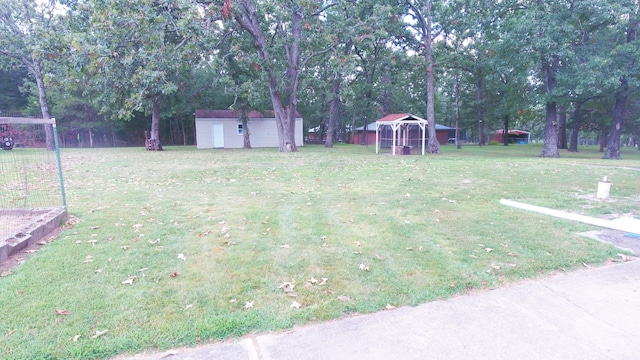 view of yard with a storage shed