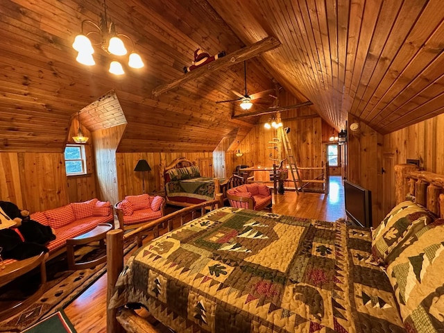 bedroom featuring wood walls, an inviting chandelier, wooden ceiling, hardwood / wood-style floors, and vaulted ceiling with beams