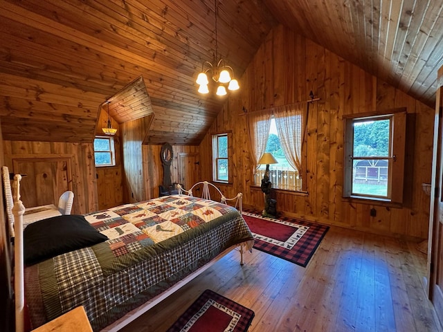 bedroom with lofted ceiling, wooden ceiling, hardwood / wood-style floors, and wooden walls