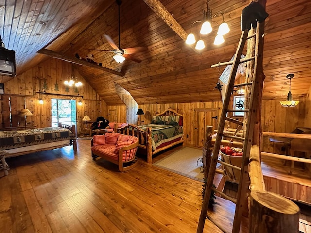 bedroom with wood-type flooring, wooden ceiling, lofted ceiling with beams, and wooden walls