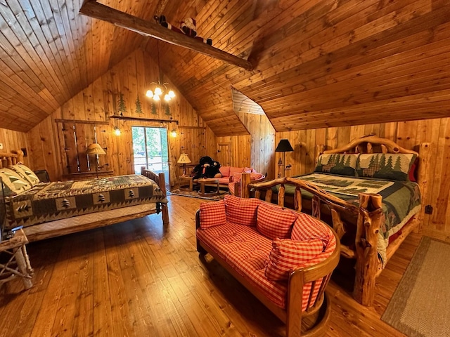 bedroom with lofted ceiling with beams, wooden walls, hardwood / wood-style floors, and wood ceiling