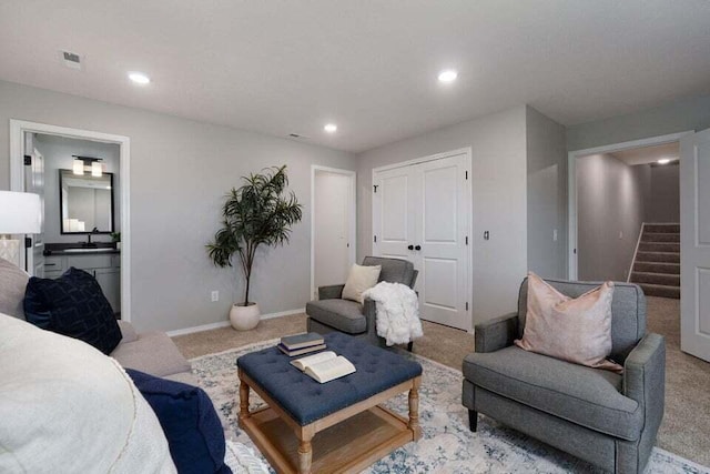 carpeted living room with sink