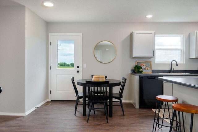 dining room with sink and dark wood-type flooring