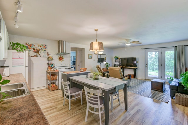 dining room with rail lighting, sink, light wood-type flooring, and ceiling fan