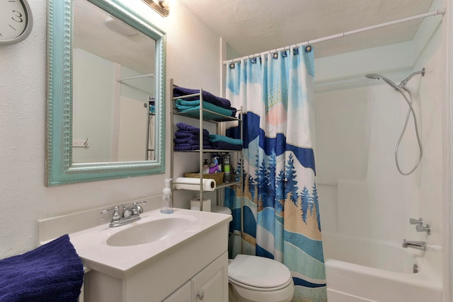 full bathroom with toilet, a textured ceiling, vanity, and shower / bathtub combination with curtain