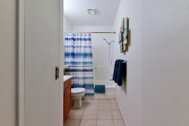 full bathroom with vanity, tile patterned floors, toilet, and shower / bathtub combination with curtain