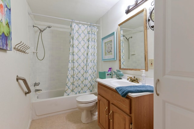 full bathroom with vanity, toilet, shower / bath combination with curtain, and tile patterned floors