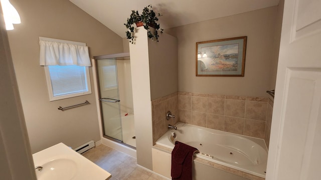 bathroom with plus walk in shower, vaulted ceiling, tile patterned floors, a baseboard heating unit, and vanity