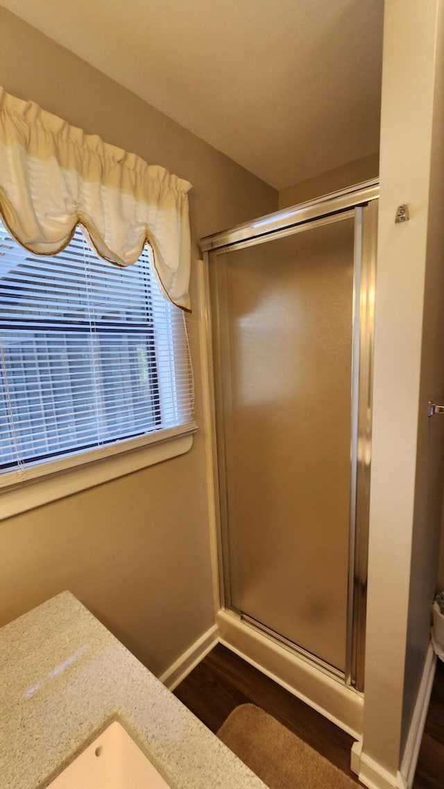 43 Dale Dr, Kimberling City, MO 65686 - full bathroom featuring a shower stall, baseboards, and wood finished floors