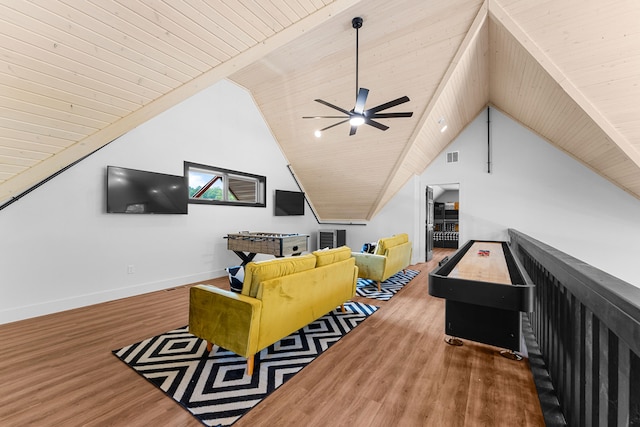 recreation room with wood ceiling, hardwood / wood-style floors, high vaulted ceiling, and ceiling fan