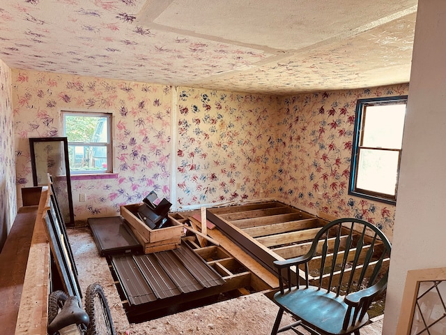 misc room with a textured ceiling