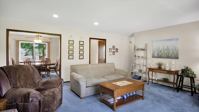 living room with ceiling fan, carpet flooring, and recessed lighting