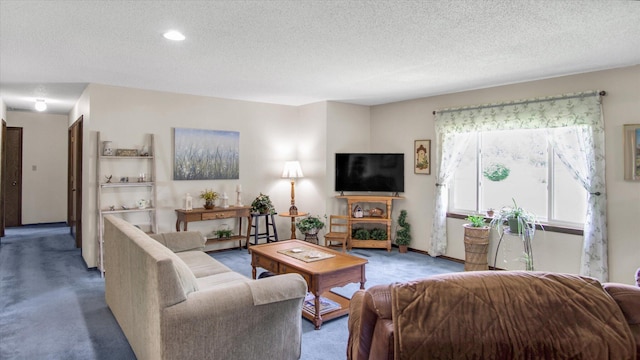 living room with carpet floors and a textured ceiling