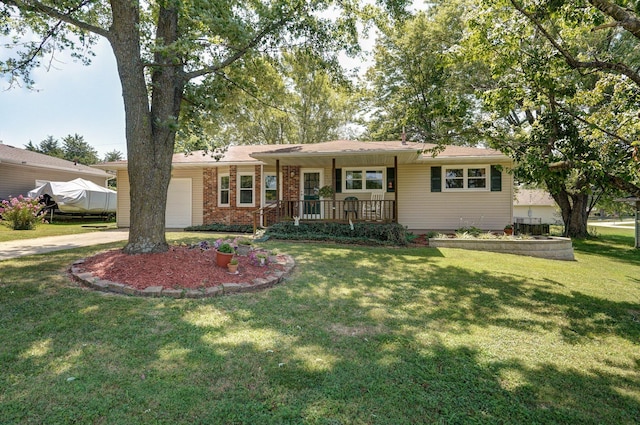 ranch-style house featuring central AC, a porch, a front yard, and a garage