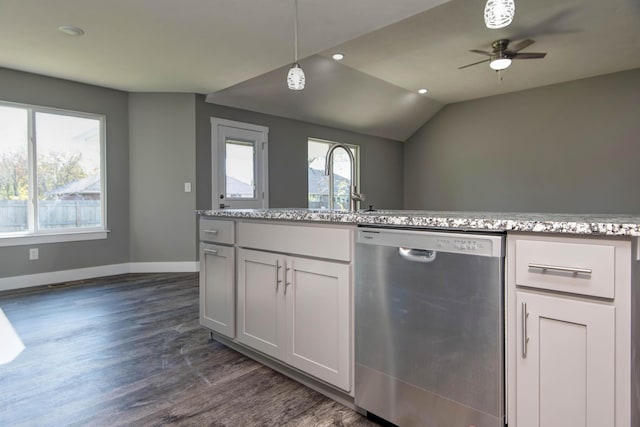 3668 W Overland St, Springfield, MO 65807 - kitchen with dishwasher, dark wood finished floors, a ceiling fan, baseboards, and light stone countertops
