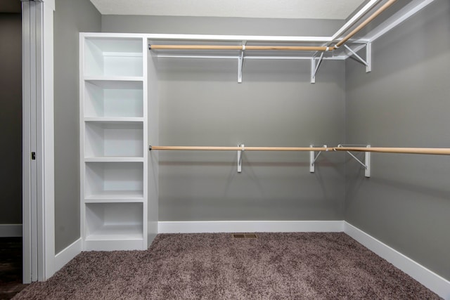 walk in closet with dark colored carpet