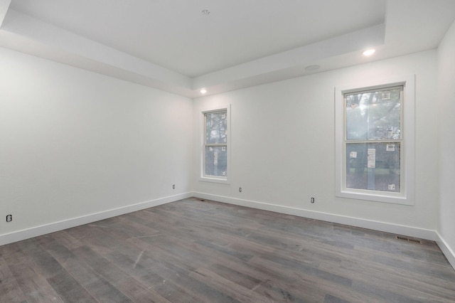 spare room featuring a tray ceiling and dark wood-type flooring